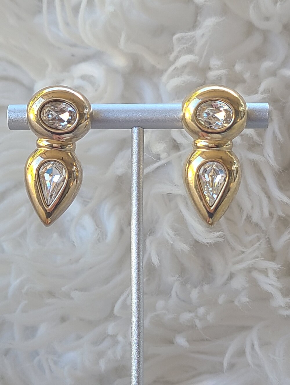 SAL By Swarovski Gold Toned Teardrop & Round Crystal Drop Earrings-Preowned